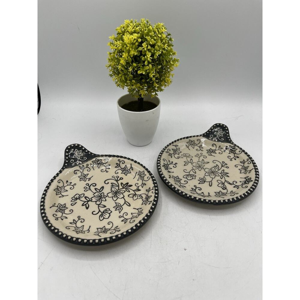 Pair Ceramic Appetizer Plates Black White Floral Beaded Border Tab Handle